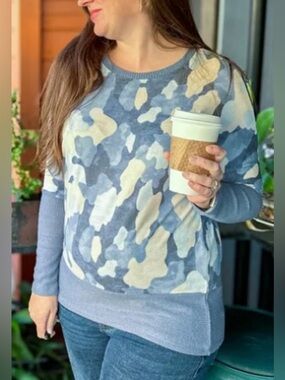 LuLaRoe Tammy Stonewashed Drift Camo Top Blue Large NWT IN PACKAGE